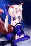  1girl animal_ear_fluff animal_ears bare_shoulders blue_bow blue_kimono blue_thighhighs blush bow breasts cosplay detached_collar detached_sleeves fate/extra fate/kaleid_liner_prisma_illya fate_(series) fox_ears fox_girl fox_tail hair_bow highres illyasviel_von_einzbern japanese_clothes kimono long_hair looking_at_viewer looking_back pei_iriya platform_footwear red_eyes sash sidelocks sitting small_breasts smile snowing solo tail tamamo_(fate) tamamo_no_mae_(fate/extra) tamamo_no_mae_(fate/extra)_(cosplay) thighhighs twintails wariza white_hair wide_sleeves 