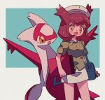  1girl :d bag bianca_(pokemon_heroes) blue_bag brown_eyes brown_hair green_shirt hat highres holding holding_sketchbook latias looking_at_viewer mgomurainu open_mouth pokemon pokemon_(anime) pokemon_(classic_anime) pokemon_(creature) pokemon_heroes:_latios_&amp;_latias shirt short_sleeves shoulder_bag sketchbook skirt smile white_headwear white_skirt 