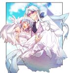  1boy 1girl blue_hair blush bridal_veil carrying carrying_person clenched_teeth closed_eyes commentary_request couple dress elbow_gloves gloves grey_hair hetero high_heels highres husband_and_wife inkamuko kura_sushi long_hair short_hair suit sunglasses sweatdrop teeth v veil wa_c0sb waruiman wedding_dress white_suit 