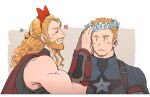  2boys avengers_(series) bare_shoulders beard black_shirt blonde_hair blue_bodysuit blue_eyes blue_flower blush bodysuit border bow bow_hairband cape captain_america closed_eyes closed_mouth commentary_request facial_hair flower grey_background hair_ornament hairband hands_up head_wreath long_hair looking_at_another male_focus marvel marvel_cinematic_universe multiple_boys muscular muscular_male nikumeron outside_border pink_flower red_bow red_cape red_hairband shirt sidelocks simple_background sleeveless sleeveless_shirt smile standing star_(symbol) steve_rogers superhero thor_(marvel) upper_body white_border 