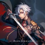  1boy aiguillette coat eiyuu_densetsu epaulettes feng_you hair_between_eyes holding holding_sword holding_weapon looking_at_viewer military_uniform mullet necktie rean_schwarzer red_eyes sen_no_kiseki short_hair solo sword uniform upper_body weapon white_hair 