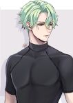  1boy alternate_hairstyle black_shirt commentary_request frown green_eyes green_hair grey_background letterboxed looking_to_the_side male_focus okurabaakaa sebek_zigvolt shirt signature simple_background solo tight_clothes toned toned_male twisted_wonderland twitter_username upper_body 