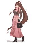  1girl alternate_costume bag black_footwear boots brown_hair brown_sweater fur-trimmed_sweater fur_trim handbag high_heel_boots high_heels highres kantai_collection kasumi_(skchkko) long_hair long_skirt pink_scarf pink_skirt pleated_skirt red_eyes ribbed_sweater scarf simple_background skirt solo sweater very_long_hair white_background yamato_(kancolle) 