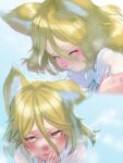 1girl animal_ear_fluff animal_ears blonde_hair closed_eyes cold fox_ears fox_girl green_ribbon hair_between_eyes hand_on_own_arm hand_on_own_face highres inset kudamaki_tsukasa looking_to_the_side mandarin_collar portrait ribbon romper runny_nose short_hair sneezing snot solo soon_(c-u-soon) touhou unconnected_marketeers water_drop wet wet_clothes wet_hair white_romper yellow_eyes 