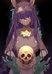  1girl animal_ears breasts dark-skinned_female dark_skin earrings facepaint fate/grand_order fate_(series) hair_censor hairband head_tilt holding holding_skull hoop_earrings jackal_ears jewelry lipstick long_hair looking_at_viewer makeup nitocris_(fate) nude pink_lips pov pov_hands purple_eyes rsa7481 skull smile solo very_long_hair 