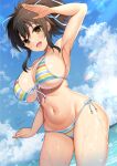  1girl absurdres asuka_(senran_kagura) bikini breasts brown_eyes brown_hair cleavage cloud cloudy_sky commentary_request day dripping hair_ribbon highres large_breasts light_blush medium_hair navel ocean open_mouth outdoors pinesphere ponytail ribbon salute senran_kagura shiny_skin side-tie_bikini_bottom sideboob skindentation sky smile standing striped striped_bikini swimming swimsuit underboob wet wet_clothes wet_swimsuit 