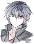  1boy black_jacket black_shirt closed_mouth gongju_s2 grey_eyes grey_hair heterochromia high_collar highres jacket kingdom_hearts looking_at_viewer open_clothes open_jacket portrait red_eyes shirt simple_background solo white_background yozora_(kingdom_hearts) 