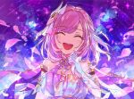  1girl :d ^_^ bare_shoulders blush breasts closed_eyes commentary_request dress elbow_gloves elysia_(honkai_impact) facing_viewer gloves hand_up honkai_(series) honkai_impact_3rd long_hair medium_breasts papipiko petals pink_hair smile solo upper_body white_dress white_gloves 