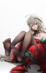  1girl antenna_hair arknights ascot bare_shoulders black_ascot blue_gloves dress feet foot_focus full_body gloves grey_hair highres hugging_own_legs knees_up long_hair long_sleeves looking_at_viewer no_shoes pantyhose parted_lips red_dress red_eyes simple_background sitting skadi_(arknights) skadi_the_corrupting_heart_(arknights) solo very_long_hair white_background yuuki_mix 