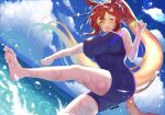  1girl animal_ears bare_shoulders barefoot blue_one-piece_swimsuit blue_sky breasts brown_hair closed_eyes cloud cloudy_sky commentary_request feet foot_out_of_frame highres horse_ears horse_girl horse_tail large_breasts lens_flare long_hair matuda_(matudayazo) multicolored_hair ocean one-piece_swimsuit open_mouth outdoors ponytail purple_scrunchie scrunchie sky smile soles solo streaked_hair super_creek_(umamusume) swimsuit tail tail_through_clothes toes tracen_swimsuit umamusume very_long_hair water wet 