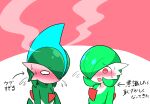  1boy 1girl arms_at_sides arrow_(symbol) blank_eyes blush bob_cut breasts colored_skin commentary_request constricted_pupils embarrassed flying_sweatdrops full-face_blush gallade gardevoir green_hair green_skin hair_over_one_eye kanimiso_na_double looking_at_another looking_down multicolored_skin nervous_smile no_mouth nose_blush one_eye_covered open_mouth pink_background pokemon pokemon_(creature) raised_eyebrows red_eyes short_hair simple_background small_breasts smile standing steam steaming_body sweat translation_request two-tone_background two-tone_skin upper_body white_eyes white_skin 