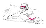  1girl :d absurdres barefoot breasts goggles goggles_on_head highres light_blush monochrome navel niwamaru_(niwarhythm) niwarhythm on_floor original pink_eyes pink_trim shadow sitting sketch smile soles solo strapless stretching toenails toes translation_request tube_top white_background wristband 