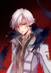  1boy animal_on_shoulder bird bird_on_shoulder coat crow eiyuu_densetsu feng_you glowing glowing_eyes hair_between_eyes parted_bangs rean_schwarzer red_background red_eyes sen_no_kiseki sen_no_kiseki_iii short_hair solo white_hair 