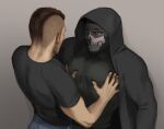  2boys 5i2 back bara black_hair black_shirt blue_pants call_of_duty call_of_duty:_modern_warfare_2 facepaint ghost_(modern_warfare_2) grey_background hands_on_another&#039;s_chest highres hood hood_up hooded_jacket jacket large_pectorals male_focus mask multiple_boys muscular muscular_male open_clothes open_jacket pants pectorals shirt short_hair simple_background skull_mask soap_(modern_warfare_2) twitter_username yaoi 