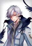  1boy animal_on_shoulder bird bird_on_shoulder coat crow eiyuu_densetsu feng_you glowing glowing_eyes hair_between_eyes parted_bangs rean_schwarzer red_eyes sen_no_kiseki sen_no_kiseki_iii short_hair simple_background solo white_background white_hair 