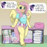 anthro anthrofied blush camisole challenge changing_table clean_diaper clothing dialogue diaper duo embarrassed equid equine eyewear feathered_wings feathers female flat_chested fluttershy_(mlp) friendship_is_magic fur glasses green_eyes hair hands_on_table hasbro hi_res horn horse infantilism looking_at_viewer mammal my_little_pony pattern_diaper pegasus pillow pink_hair pinkie_pie_(mlp) pony pull-ups_(diaper) purple_body purple_eyes purple_fur rainbow_dash_(mlp) shirt smile speech_bubble standing stargal_galexi t-shirt teasing text topwear twilight_sparkle_(mlp) unicorn wings