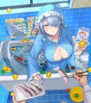  1boy 1girl absurdres ball bar_soap bath bathroom bathtub blue_headwear blue_shirt breasts chopsticks cleavage clenched_hand closed_mouth feeding fins fish_(food) fish_tail frilled_headwear full_body grey_hair hair_over_one_eye hat highres holding holding_chopsticks holding_toy indoors large_breasts long_hair long_sleeves looking_at_viewer mermaid monster_girl original partially_submerged partially_unbuttoned pout pov rubber_duck sakoku_(oyatsu3ji_) salt shark_girl shark_tail shirt soap tail toy v-shaped_eyebrows wet wide_sleeves window 