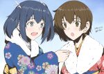  2girls alternate_costume artist_name black_hair blue_eyes blue_kimono brown_eyes brown_hair dated floral_print fur-trimmed_kimono fur_trim grey_background hiryuu_(kancolle) japanese_clothes kantai_collection kimono long_hair multiple_girls omikuji open_mouth paper red_kimono short_hair simple_background souryuu_(kancolle) taira_yuuki twintails upper_body 