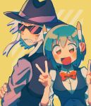  1boy 1girl blue_hair breasts clenched_teeth double_v grey_hair hat highres inkamuko kura_sushi looking_at_viewer medium_breasts o3_(futsuno) red_eyes sharp_teeth short_hair smile sunglasses teeth v vest waruiman 