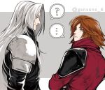  ... 2boys ? absurdres armor black_coat blue_eyes brown_hair coat commentary crisis_core_final_fantasy_vii crossed_arms expressionless final_fantasy final_fantasy_vii from_side genesis_rhapsodos grey_background high_collar highres light_smile long_hair long_sleeves male_focus medium_hair multiple_boys pauldrons red_coat roku_(gansuns) sephiroth shoulder_armor simple_background speech_bubble standing twitter_username upper_body white_hair 