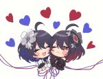  2girls ;&lt; ^_^ ahoge bare_shoulders black_dress black_gloves black_hair blue_hair blush_stickers chibi closed_eyes closed_mouth commentary_request cropped_torso dress elbow_gloves gloves hair_between_eyes heart heart_background holding_hands honkai_(series) honkai_impact_3rd multicolored_hair multiple_girls red_eyes red_hair seele_(alter_ego) seele_vollerei simple_background soha_ez two-tone_hair upper_body v-shaped_eyebrows white_background white_dress white_gloves 