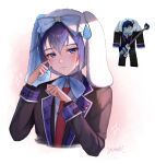 1boy animal_hat blue_eyes blue_hair blush bow commentary crying crying_with_eyes_open dog_hat dreamxiety english_commentary hands_up hat highres kaito_(vocaloid) looking_at_viewer necktie pixiv_username plaid pout project_sekai reference_inset ribbon roblox shirt short_hair simple_background sparkle star_(symbol) tears two-tone_background uniform upper_body vocaloid 