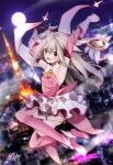  1girl arms_up ascot bare_shoulders blurry blurry_background blush boots breasts cape cityscape dress elbow_gloves fate/kaleid_liner_prisma_illya fate_(series) feather_hair_ornament feathers full_moon gloves hair_ornament highres illyasviel_von_einzbern kaleidostick layered_gloves long_hair looking_at_viewer magical_ruby moon night night_sky open_mouth pei_iriya pink_dress pink_footwear pink_gloves prisma_illya red_eyes sidelocks skirt sky small_breasts smile thigh_boots two_side_up wand white_cape white_gloves white_hair white_skirt 