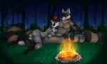 2024 5_fingers 5_toes anthro anthro_on_anthro apple black_nose breasts butt campfire casual_nudity claws cuddling duo feet female finger_claws fingers fire firelight food fruit fur genitals gloves_(marking) grey_body grey_fur grin hi_res hindpaw humanoid_hands intimate leg_markings male male/female mammal markings nature naturism night nude oli_snowpaw outdoor_nudity outside paws plant procyonid pussy raccoon romantic romantic_ambiance romantic_couple sitting smile social_nudity socks_(marking) story story_in_description teeth toe_claws toes