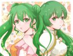  2girls armor back-to-back breastplate double_bun earrings erinys_(fire_emblem) fire_emblem fire_emblem:_genealogy_of_the_holy_war floral_background from_side green_eyes green_hair hair_between_eyes hair_bun jewelry long_hair multiple_girls open_mouth shoulder_armor silvia_(fire_emblem) twintails upper_body yuurifeh 