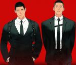  2boys arms_behind_back black_eyes black_hair black_necktie black_suit buzz_cut chest_harness cowboy_shot fukatsu_kazunari hands_in_pockets harness highres leeis_cool looking_at_viewer male_focus multiple_boys necktie parted_lips red_background sawakita_eiji short_hair side-by-side simple_background slam_dunk_(series) smile straight-on suit undercut very_short_hair 