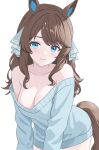  1girl alternate_costume animal_ears blue_eyes blush breasts brown_hair cleavage closed_mouth collarbone daring_tact_(umamusume) hair_between_eyes hair_ornament highres horse_ears horse_girl horse_tail kurama_(jpjvn42ej6tug5n) looking_at_viewer medium_breasts simple_background solo tail umamusume white_background 