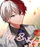  1boy absurdres birthday black_outline black_shirt blue_eyes blue_necktie blurry blurry_foreground boku_no_hero_academia bouquet burn_scar closed_mouth collared_shirt confetti dutch_angle eyes_visible_through_hair flower foreground_text formal gradient_background grey_jacket hair_between_eyes happy happy_birthday heterochromia highres holding holding_bouquet jacket lapels looking_at_viewer looking_to_the_side makuro male_focus multicolored_hair necktie outline red_flower red_hair red_rose rose sanpaku scar scar_on_face shawl_lapels shirt short_hair sideways_glance smile solo sparkle split-color_hair split_mouth straight_hair text_focus timestamp todoroki_shouto tuxedo two-tone_hair upper_body waistcoat white_background white_hair wing_collar 