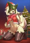  1girl :3 absurdres animal_feet animal_nose azuuart barefoot bikini black_fur blush body_fur bow bow_bikini box breasts cat_girl christmas christmas_tree commentary cropped_vest english_commentary fang feet full_body fur-trimmed_headwear fur-trimmed_vest fur_trim furry furry_female gift gift_box green_fur green_hair groin half-closed_eyes hands_up happy hat highres holding holding_sack kneeling looking_at_viewer meowscarada navel open_clothes open_mouth open_vest pokemon pokemon_(creature) red_bikini red_eyes red_headwear red_vest sack santa_hat shiny_skin short_hair slit_pupils small_breasts smile solo stomach string_bikini swimsuit tail thighs tongue tongue_out two-tone_background two-tone_fur vest 