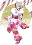  1girl absurdres animal_ear_fluff animal_ears blush checkered_background closed_mouth commentary_request egasumi floral_print flower full_body fur_collar green_eyes grey_hair hair_flower hair_ornament hand_up highres japanese_clothes karian909 kimono long_sleeves looking_at_viewer mio_(xenoblade) pink_footwear pink_kimono print_kimono red_flower smile socks solo tabi white_background white_socks wide_sleeves xenoblade_chronicles_(series) xenoblade_chronicles_3 zouri 