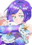  1girl absurdres ascot commentary_request elbow_gloves ginga_sadame gloves green_eyes hands_up high_school!_kiratto_pri_chan highres kiratto_pri_chan looking_at_viewer parted_lips pretty_series purple_gloves purple_hair short_hair simple_background solo space_print sparkle sparkle_hair_ornament starry_sky_print tsujii_ruki upper_body white_ascot white_background 