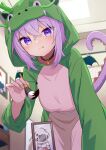  1girl :3 absurdres animal_costume black_collar blush collar dragon_costume dragon_tail dragon_wings highres holding_calligraphy_brush hololive looking_at_viewer medium_hair nekomata_okayu onigirya_(nekomata_okayu) parijennu222 photo_(object) purple_eyes purple_hair smile solo tail tongue tongue_out virtual_youtuber wings 