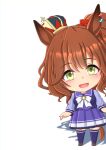  1girl 2-butani :3 absurdres animal_ears aston_machan_(umamusume) black_footwear blue_shirt blush brown_hair chibi commentary_request crown full_body green_eyes hair_between_eyes hair_ornament hair_scrunchie hand_up highres horse_ears horse_girl horse_tail looking_at_viewer mini_crown open_mouth pleated_skirt ponytail purple_skirt purple_thighhighs red_scrunchie school_uniform scrunchie shirt shoes simple_background skirt smile solo tail thighhighs tilted_headwear tracen_school_uniform umamusume white_background 