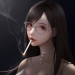  1girl ai-generated cigarette earrings final_fantasy final_fantasy_vii glasses jewelry long_cigarette looking_at_viewer non-web_source portrait red_eyes smoking tifa_lockhart 