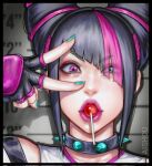  1girl ai_shou artist_name black_border black_hair blue_eyes border candy collar commentary commentary_request diagonal_bangs eyelashes food food_in_mouth hair_horns han_juri heterochromia highres lollipop medium_hair mixed-language_commentary multicolored_hair pink_eyes pink_hair pink_lips sidelocks solo spiked_collar spikes streaked_hair street_fighter street_fighter_6 upper_body v 