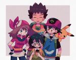  1girl 3boys :o ash_ketchum backpack bag bandana baseball_cap bike_shorts black_gloves black_hair black_shirt blue_eyes blue_hoodie blue_pants book brock_(pokemon) brown_eyes brown_hair brown_pants closed_eyes collared_shirt denim fanny_pack fingerless_gloves frown glasses gloves green_bag green_shirt grey_background hands_on_own_hips hands_up happy hat highres holding holding_book hood hoodie jeans looking_at_another max_(pokemon) may_(pokemon) medium_hair mgomurainu multicolored_clothes multicolored_gloves multicolored_headwear multiple_boys open_book open_mouth orange_vest pants pikachu pokemon pokemon_(anime) pokemon_(creature) pokemon_rse_(anime) pokenav reading red_bandana red_headwear red_shirt shirt short_hair simple_background smile spiked_hair standing upper_body vest yellow_bag 