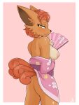 2024 anthro asian_clothing bedroom_eyes blush breasts butt clothing digital_media_(artwork) east_asian_clothing female folding_fan fur generation_1_pokemon hair hi_res inner_ear_fluff japanese_clothing kimono kimono_only looking_at_viewer looking_back mostly_nude narrowed_eyes nintendo nipples orange_body orange_fur pink_background pink_clothing pinup pokemon pokemon_(species) portrait pose rear_view red_hair seductive signature simple_background solo standing tail tan_body tan_fur three-quarter_portrait tuft vulpix whitev yellow_eyes