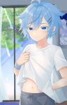  1boy alternate_costume blue_eyes blue_hair chongyun_(genshin_impact) closed_mouth clothes_lift curtains genshin_impact grey_pants hair_between_eyes highres hot male_focus midriff miuna_gnip navel pants shirt shirt_lift short_hair solo stomach t-shirt white_shirt window 