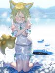  1girl animal_ears black_panties blonde_hair closed_eyes cold crossed_arms dripping fox_ears fox_girl fox_tail frozen_lake full_body green_ribbon hair_between_eyes hands_on_own_arms highres ice kneeling kudamaki_tsukasa mandarin_collar on_ice outdoors panties ribbon romper runny_nose see-through see-through_shirt shirt short_hair snot socks solo soon_(c-u-soon) sparkle tail touhou trembling unconnected_marketeers underwear wet wet_clothes wet_hair wet_legwear wet_shirt white_romper winter 