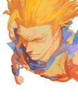  1boy ahoge blonde_hair blue_wristband clenched_hand close-up closed_mouth dougi dragon_ball dragon_ball_z forehead foreshortening from_above furrowed_brow hair_up hieumay highres lips looking_to_the_side male_focus nose simple_background sleeveless solo son_goku super_saiyan super_saiyan_3 white_background wristband yellow_eyes 