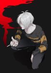  ._. 1boy aged_up black_background black_eyes cigarette collarbone commentary edamame_ksr gegege_no_kitarou grey_hair hair_over_one_eye highres holding holding_cigarette kitarou male_focus one_eye_covered shirt short_hair smoke smoking solo squatting striped striped_shirt symbol-only_commentary 