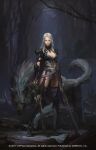  1girl absurdres armor belt breasts dual_wielding fingerless_gloves forest gloves grey_eyes grey_hair highres holding holding_sword holding_weapon iltaek_oh large_breasts leotard long_hair looking_at_viewer nature shoulder_armor solo sword tailon thighhighs weapon wolf wrist_guards 