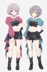  2girls arm_at_side arm_behind_back black_choker black_footwear black_gloves black_shorts blue_shirt blush bob_cut boots choker closed_mouth collarbone dot_nose elbow_gloves full_body gloves grey_background grey_hair hair_ornament hand_on_own_hip hand_on_own_leg highres idoly_pride igawa_aoi kanzaki_rio legs_apart looking_at_viewer multiple_girls navel plum_(arch) puffy_short_sleeves puffy_sleeves purple_eyes red_shirt shirt short_hair short_sleeves shorts side-by-side sidelocks simple_background single_elbow_glove smile stomach thighs yellow_eyes 