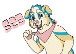 2015 alpha_channel anthro bird_dog blue_(bluekyokitty) blue_body blue_claws blue_eyes blue_fur bluekyokitty button_ears canid canine canis chow_chow claws digital_drawing_(artwork) digital_media_(artwork) domestic_dog eyebrows fangs flat_colors floppy_ears fur gesture golden_retriever grey_sclera half-length_portrait handpaw head_tuft hunting_dog kerchief kerchief_only male mammal mixed_breed mostly_nude neckerchief neckerchief_only open_mouth open_smile pawpads paws pink_kerchief pink_neckerchief pink_nose pink_pawpads pink_text pink_tongue pointing pointing_at_self portrait retriever sebdoggo simple_background smile snout solo spitz teeth text tongue trans_(lore) trans_man_(lore) transparent_background tuft white_body white_eyebrows white_fur yellow_body yellow_fur