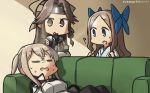  3girls ? asakaze_(kantai_collection) bangs black_gloves blonde_hair blue_bow blue_hakama bow brown_eyes brown_hair celtic_knot couch dated elbow_gloves eyebrows_visible_through_hair eyes_closed forehead forehead_protector frown gloves graf_zeppelin_(kantai_collection) hair_between_eyes hair_bow hair_intakes hair_ribbon hakama half_updo hamu_koutarou highres japanese_clothes jintsuu_(kantai_collection) kantai_collection kimono light_brown_hair long_hair looking_at_another lying military military_uniform multiple_girls on_back on_couch parted_bangs ribbon school_uniform serafuku shaded_face sidelocks signature spoken_question_mark twintails uniform wavy_hair white_kimono 