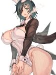  1girl animal_ears black_hair black_jacket blush bow bowtie breasts chainsaw_man cigarette commentary_request contrapposto detached_collar eyepatch fake_animal_ears fake_tail fishnet_pantyhose fishnets full_body fumio_(rsqkr) high_heels highres himeno_(chainsaw_man) jacket large_breasts legs leotard looking_at_viewer medium_breasts own_hands_together pantyhose playboy_bunny rabbit_ears rabbit_tail short_hair smoke_trail smoking solo standing strapless strapless_leotard tail thighs white_leotard wrist_cuffs 